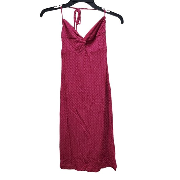 Express 90s Y2K Women's Fuchsia Crochet Knit Twist Knot‎ Halter Dress Size 1/2 - Picture 1 of 5